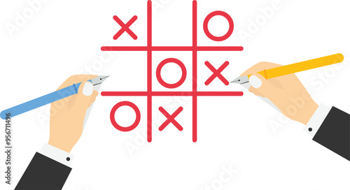 Tic tac toe game. Funny leisure. Performance and business development and competition for success. Flat vector illustration.

