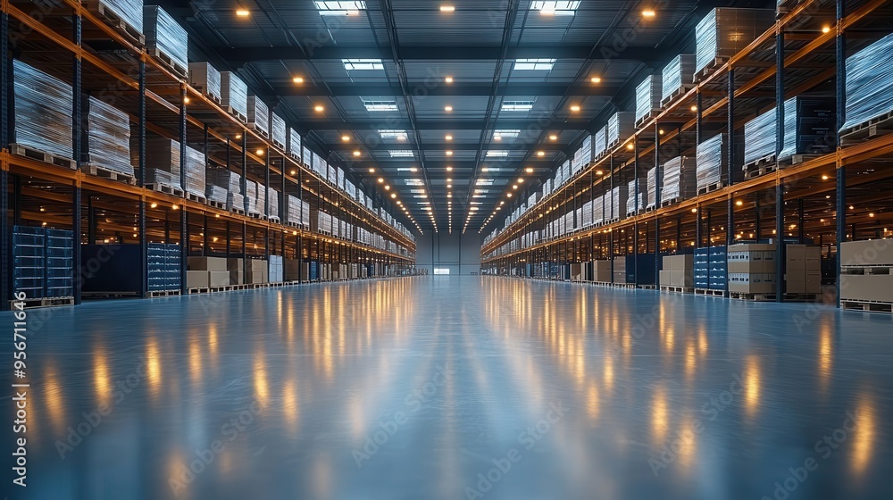 modern warehouse interior with soft focus expansive space with high ceilings and industrial lighting rows of shelving barely visible in the distance clean and organized atmosphere modern warehouse interior with soft focus expansive space with high ceilings and industrial lighting rows of shelving barely visible in the distance clean and organized atmosphere