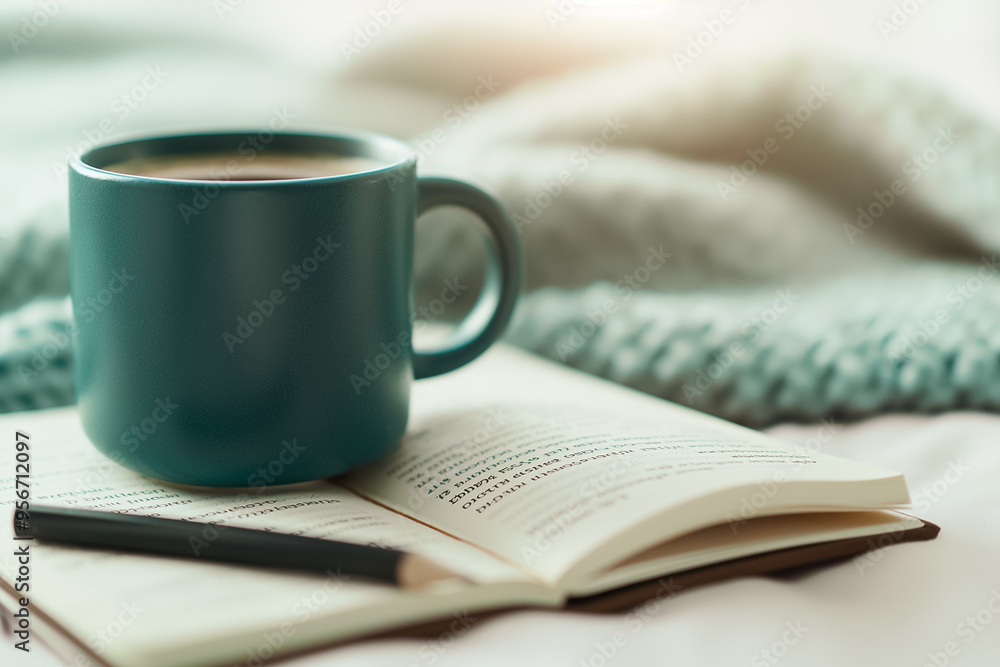 A quiet morning begins with a steaming cup of coffee alongside an open book, inviting relaxation and reflection while nestled in warm blankets A quiet morning begins with a steaming cup of coffee alongside an open book, inviting relaxation and reflection while nestled in warm blankets