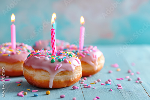 four donuts with pink icing and colorful sprinkles, each with a lit pink candle, creating a festive and vibrant birthday scene. photo