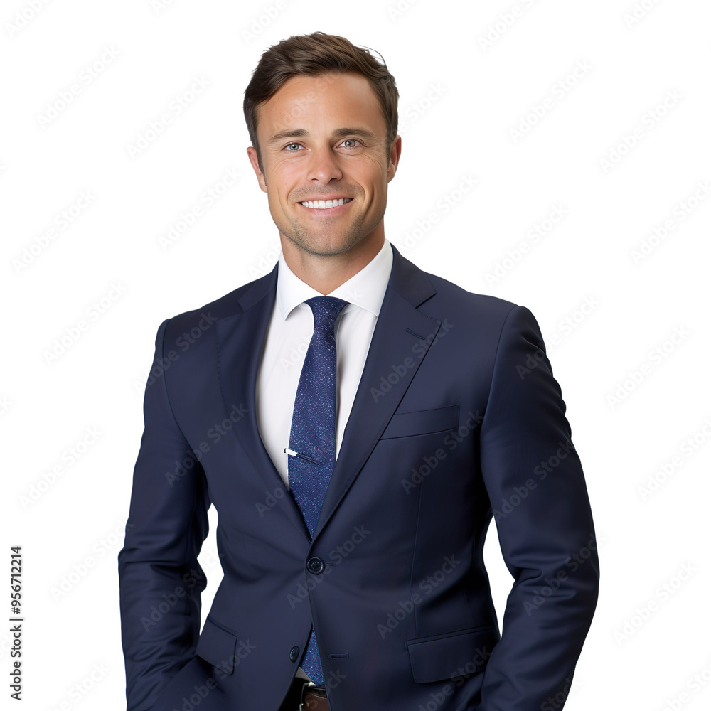 Front view mid body shot of a handsome white man dressed in a deep navy blue suit and a sky blue dress shirt with a polka-dot silk tie, isolated on a white transparent background Front view mid body shot of a handsome white man dressed in a deep navy blue suit and a sky blue dress shirt with a polka-dot silk tie, isolated on a white transparent background