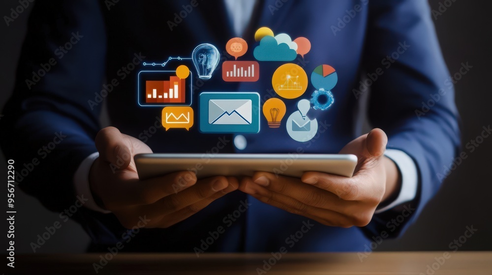 A businessman leverages CRM tools on a digital tablet to improve customer relationship management A businessman leverages CRM tools on a digital tablet to improve customer relationship management