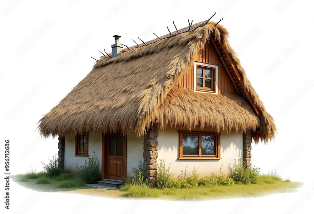 Traditional Thatched Roof House on Transparent Background, Perfect for Rural Landscapes Traditional Thatched Roof House on Transparent Background, Perfect for Rural Landscapes