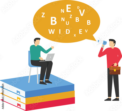 Man with megaphone teaching French alphabet. Girl student learning, sitting on books. Language course, education. Flat vector illustration

 photo