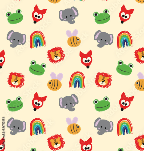 Children's watercolor pattern with animals. Elephant, lion, frog, bee, rainbow. Watercolor illustrations