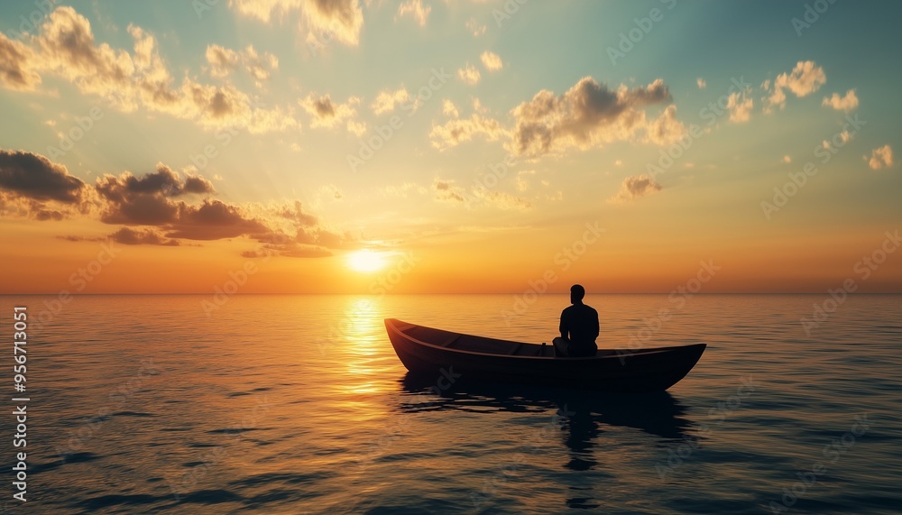 Silhouette a man fishing with wooden boat in ocean beauty orange sunset sky Silhouette a man fishing with wooden boat in ocean beauty orange sunset sky