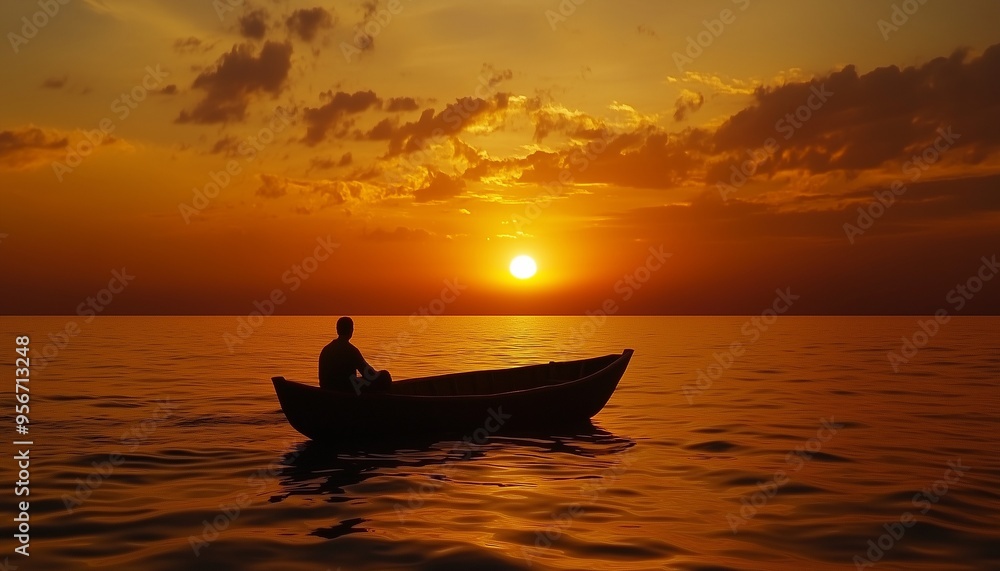 Silhouette a man fishing with wooden boat in ocean beauty orange sunset sky Silhouette a man fishing with wooden boat in ocean beauty orange sunset sky