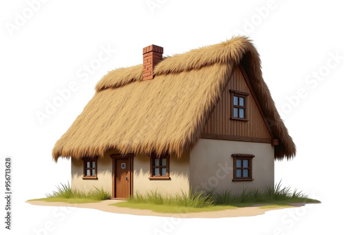 Rustic Thatched Roof House on Transparent Background, Ideal for Architectural Visualization