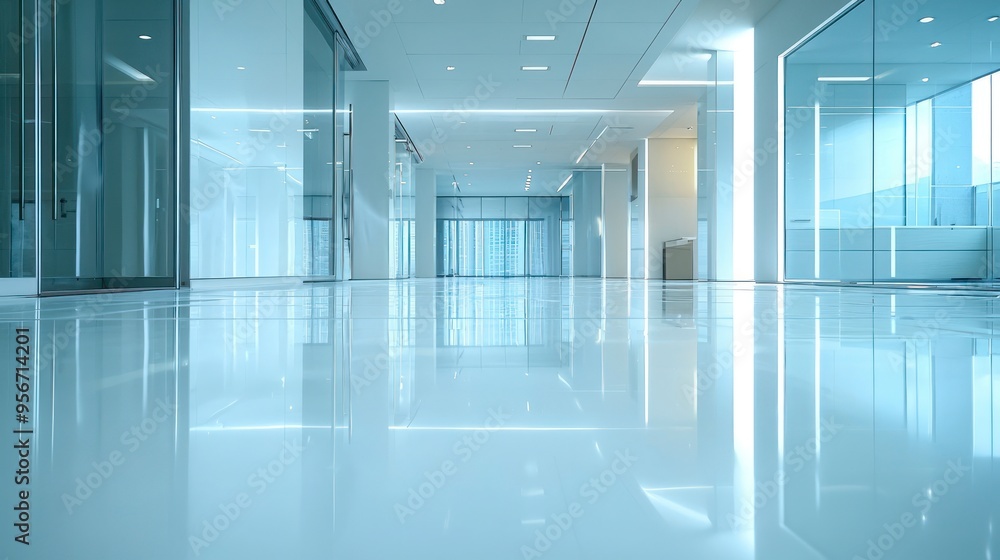 Empty modern office space with polished white floors and glass walls Empty modern office space with polished white floors and glass walls