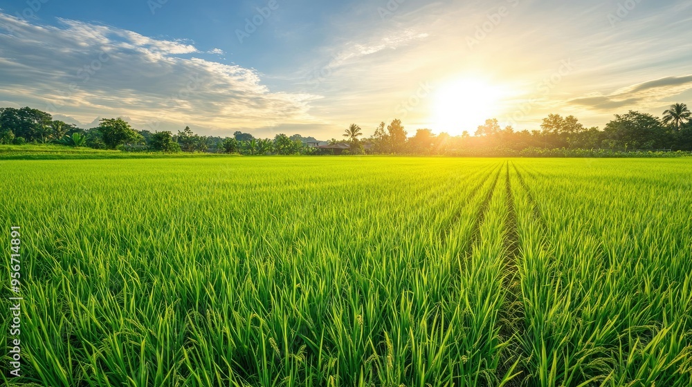 Obraz premium A vibrant scene of a well-maintained rice paddy with rows of green plants stretching towards a bright, clear sky, with the sun shining overhead