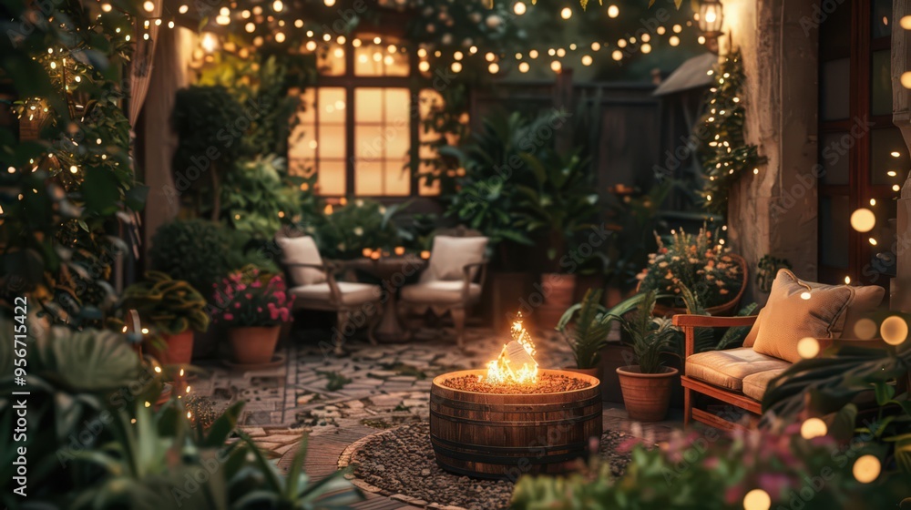 A firepit set in a charming courtyard, surrounded by lush plants and twinkling fairy lights, A firepit set in a charming courtyard, surrounded by lush plants and twinkling fairy lights,