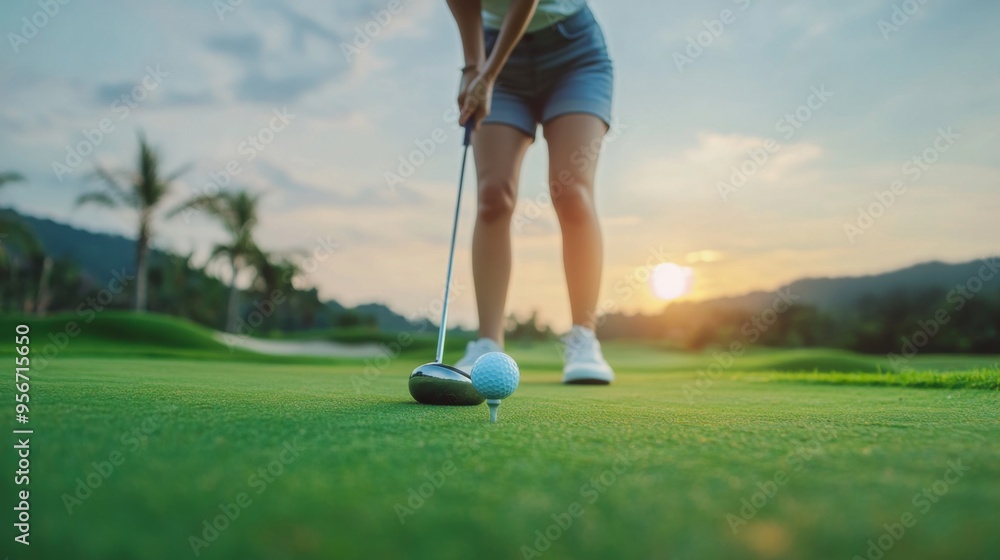 Fototapeta premium Woman Putting Golf Ball at Sunset