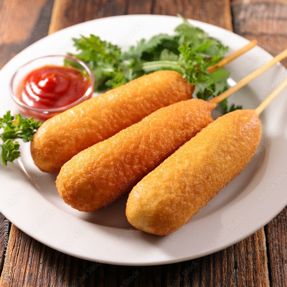 Corndog or corn dog is a american sausage baked in corn flour served with ketchup Corndog or corn dog is a american sausage baked in corn flour served with ketchup