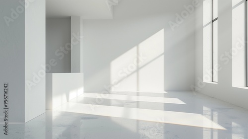 Minimalist Abstract White Background with Soft Shadows and Light Reflections, Ideal for Product Display or Advertising Backdrop in a Studio Setting.