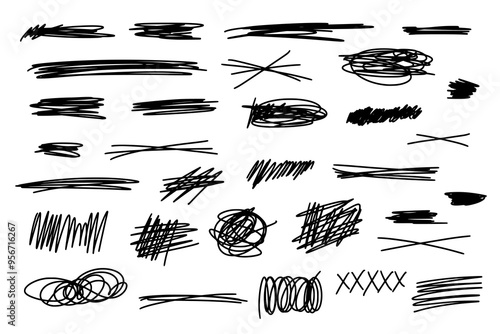 Set of hand drawn horizontal marker lines, stripes, brush strokes, strikethroughs, underlines, stripes, spots. Vector illustration of textured scribbles in black on white isolated background.