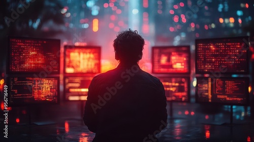 mysterious hacker silhouette glowing computer screens binary code overlay dark atmosphere cyber threat concept