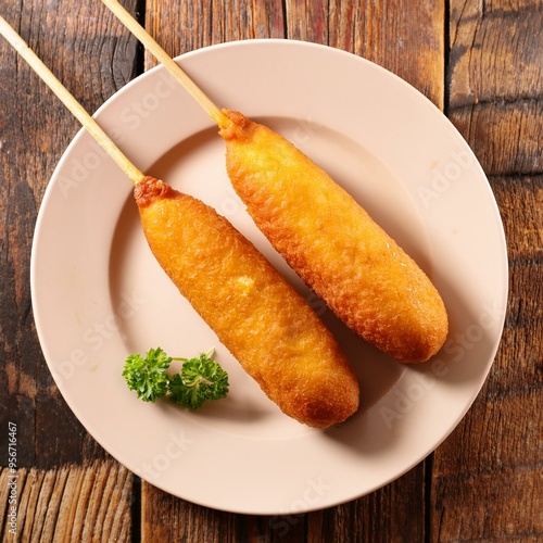 Corndog or corn dog is a american sausage baked in corn flour served with ketchup