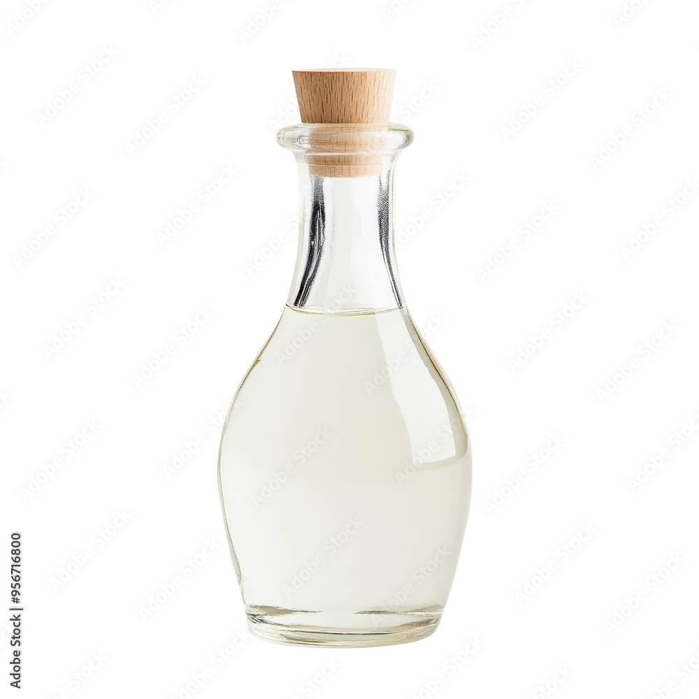 Clear glass bottle with a wooden stopper filled with a translucent liquid, isolated on a white background. Clear glass bottle with a wooden stopper filled with a translucent liquid, isolated on a white background.
