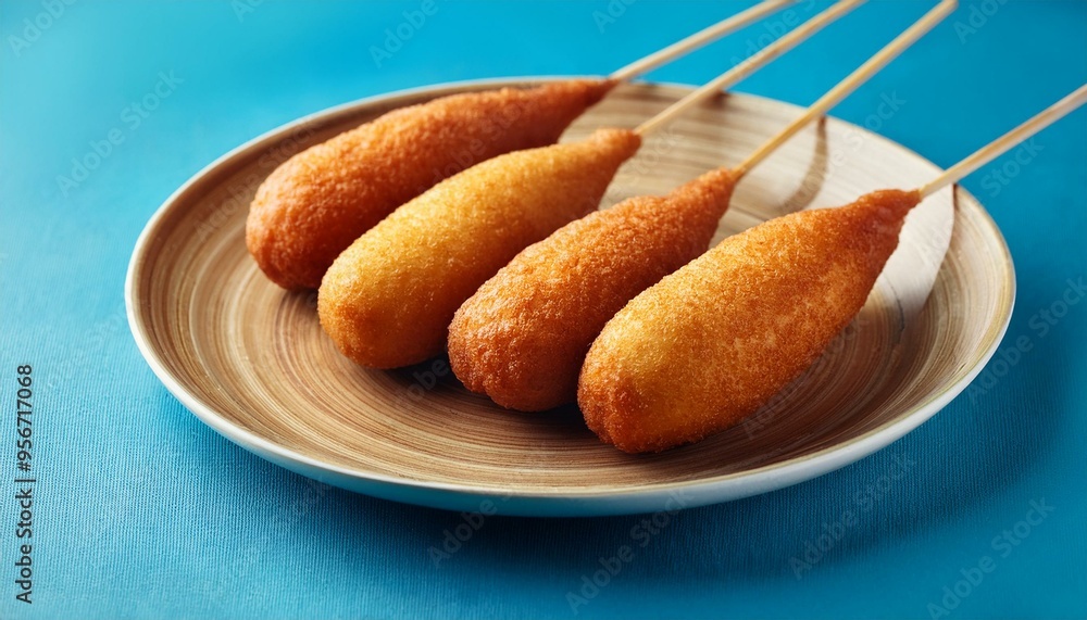 Corndog or corn dog is a american sausage baked in corn flour served with ketchup Corndog or corn dog is a american sausage baked in corn flour served with ketchup