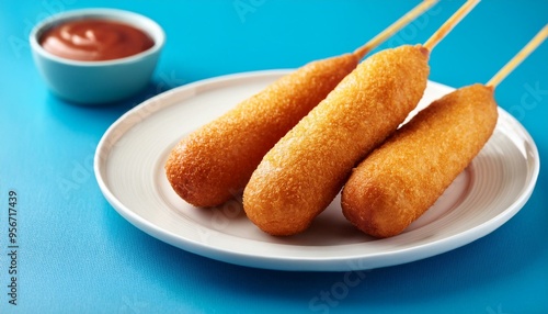 Corndog or corn dog is a american sausage baked in corn flour served with ketchup