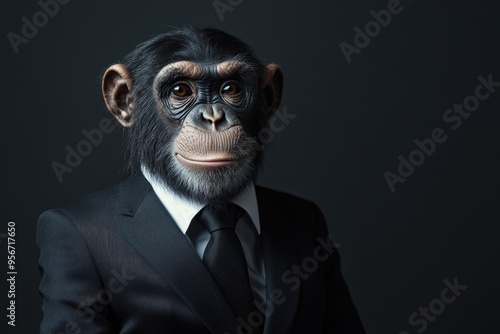 A monkey wearing a suit and tie is smiling