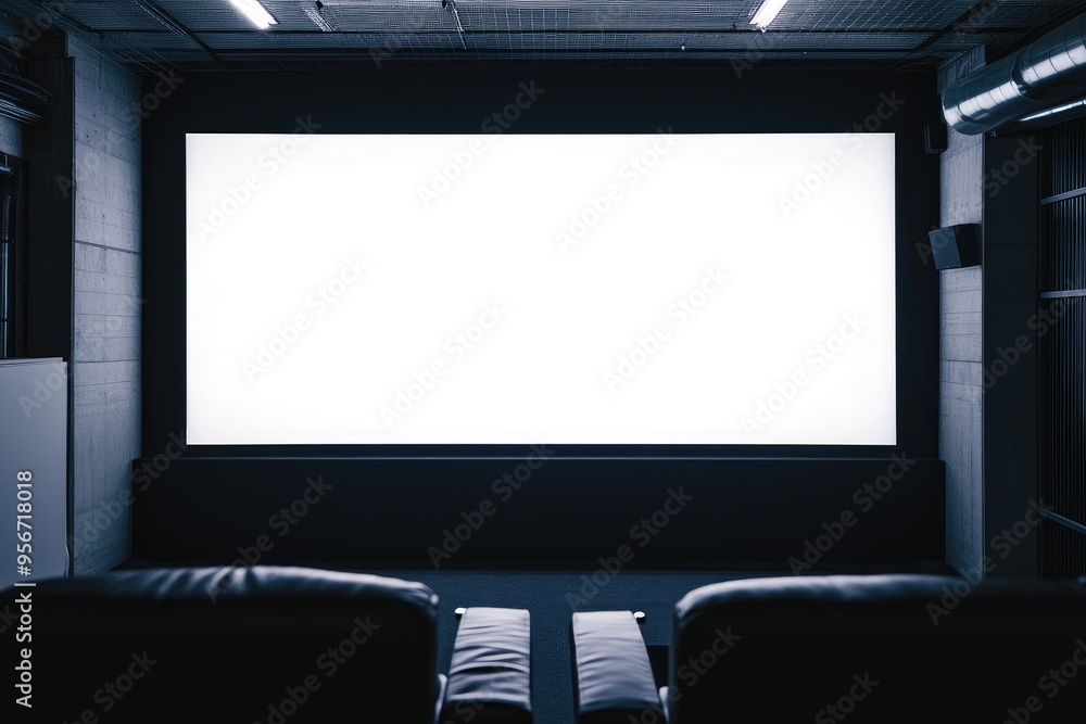 A movie theater with two black leather chairs and a large white screen A movie theater with two black leather chairs and a large white screen