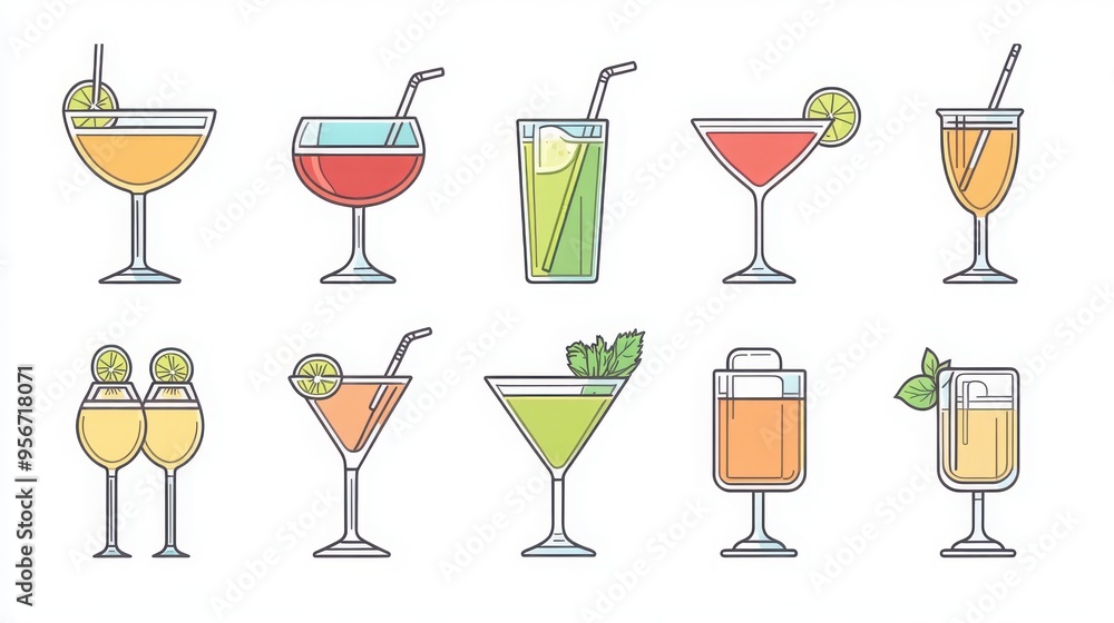 Drinks and Cocktails thin line icon set. Containing martini, margarita, mojito, beer mug, wine glass, champagne flute, whiskey glass, shot glass, sangria, daiquiri, cocktail shaker, garnish, straw. Drinks and Cocktails thin line icon set. Containing martini, margarita, mojito, beer mug, wine glass, champagne flute, whiskey glass, shot glass, sangria, daiquiri, cocktail shaker, garnish, straw.