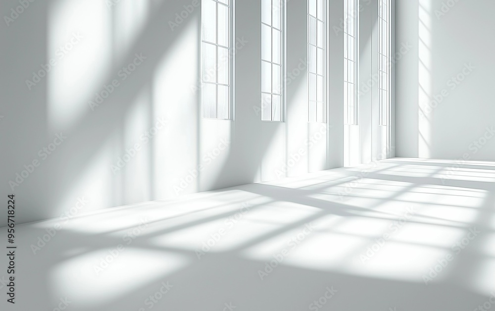 Obraz premium Minimalist Abstract White Background with Soft Shadows and Light Reflections, Ideal for Product Display or Advertising Backdrop in a Studio Setting.