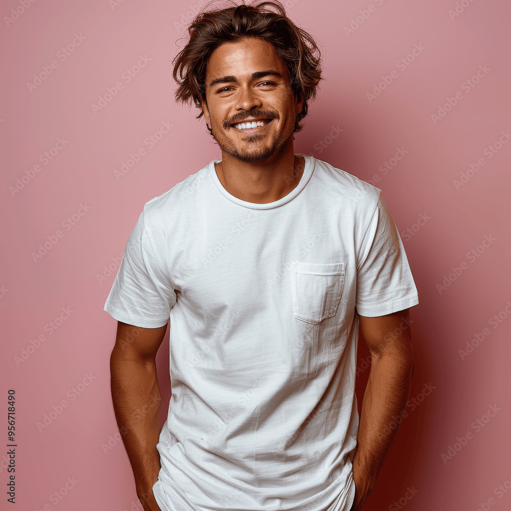 Young Man With Tousled Hair Smiling In White T Shirt Against Pink Background Young Man With Tousled Hair Smiling In White T Shirt Against Pink Background