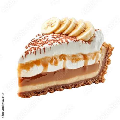 Delicious slice of banoffee pie topped with sliced bananas, whipped cream, caramel, and a crumbly biscuit base. Perfect dessert for any occasion. photo