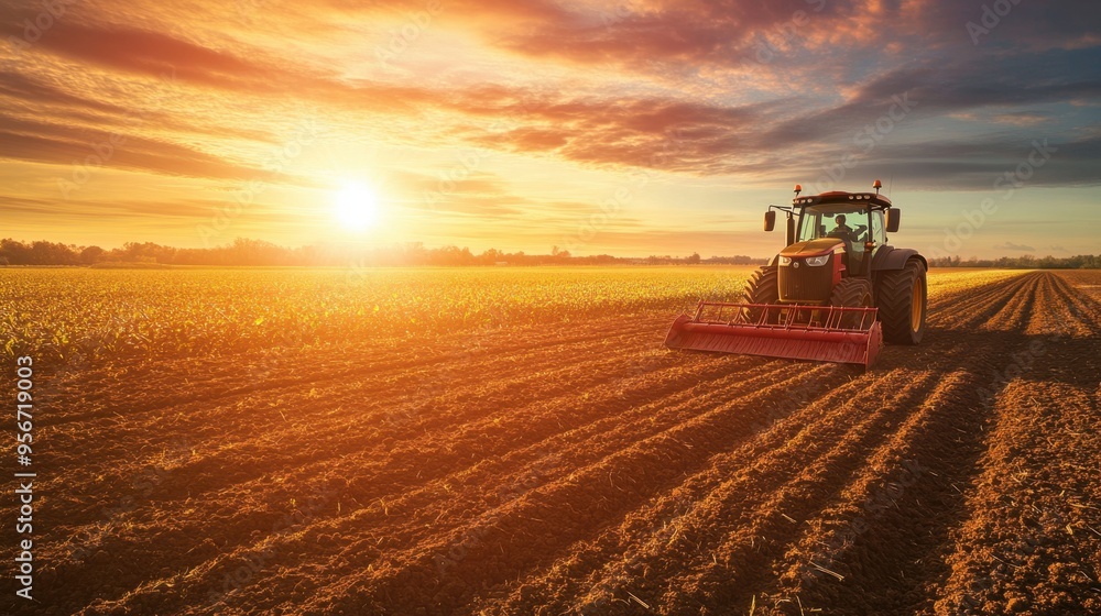 Fototapeta premium Vibrant sunset over a farmer field with tractor and crops, capturing rural life and hard work under golden light