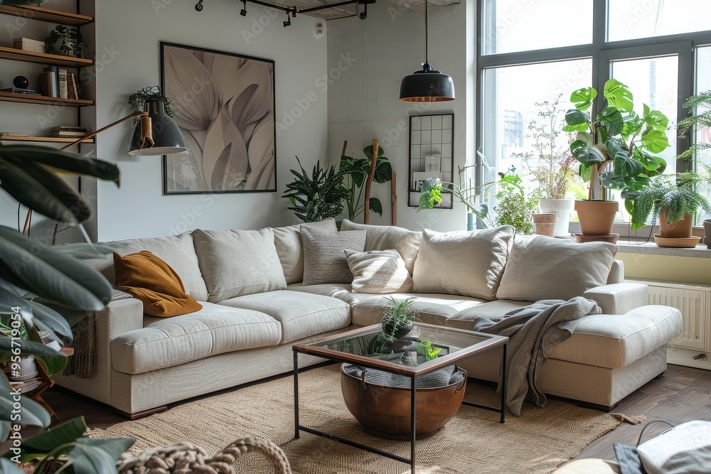 Obraz premium Sleek modern L-shaped sofa bed in light beige with industrial metal coffee table and glass top, black lighting, and pastel accents in minimalist living room.