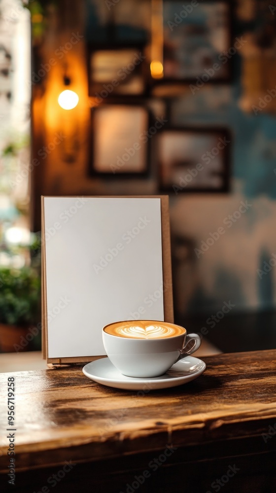Fototapeta premium Blank white board, latte on counter, chic cafe interior, warm ambiance, 8K HD