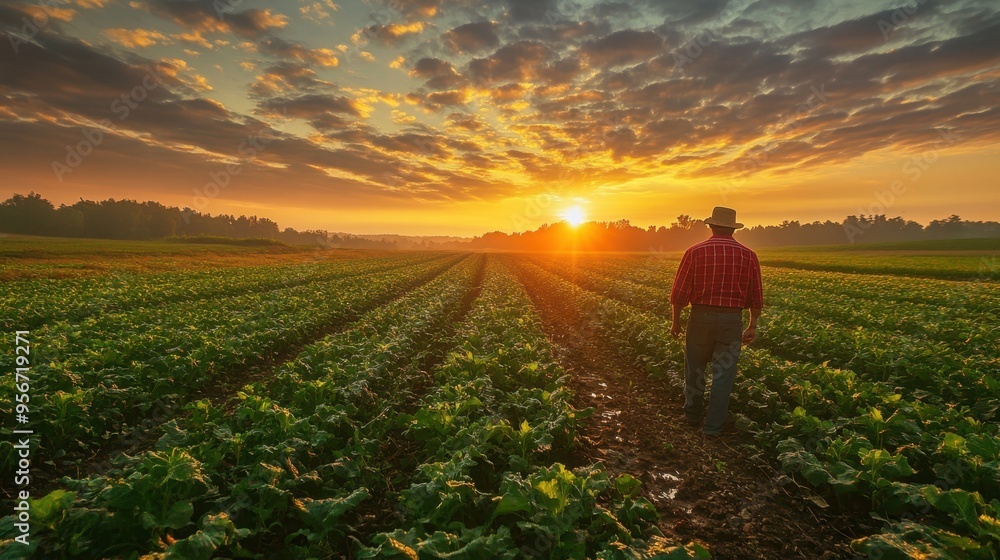 Fototapeta premium Early morning farmer tending crops with sunrise in the background, vibrant farm fields, fresh dew on plants, rural landscape