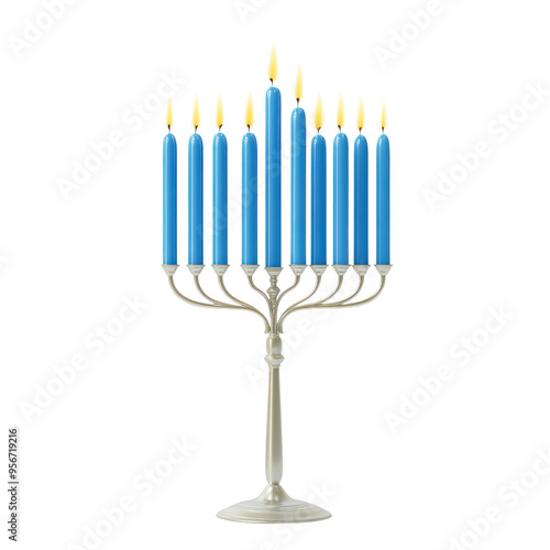 Elegant menorah with blue candles lit, symbolizing Hanukkah festival. Perfect for festive, cultural, and religious contexts.
