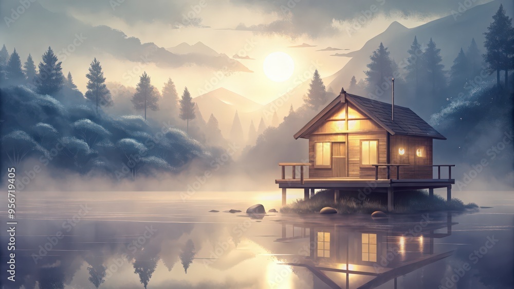 Fototapeta premium A Secluded Cabin on a Misty Lake at Sunset