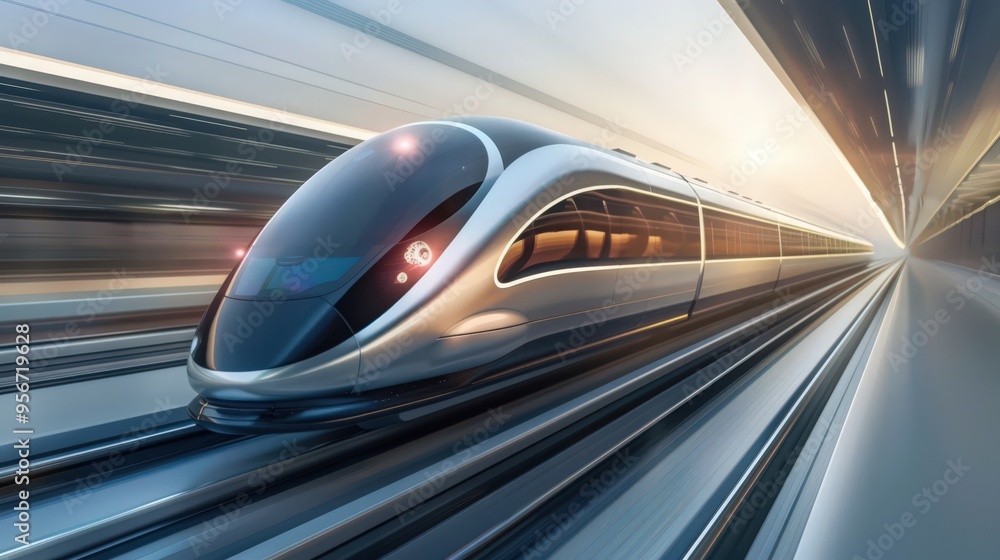 A futuristic high-speed train zooming along a sleek track, representing advanced transportation technology and rapid travel A futuristic high-speed train zooming along a sleek track, representing advanced transportation technology and rapid travel