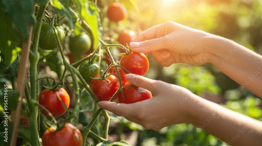 Close-up of hands picking ripe tomatoes from a garden plant during harvest season with bright sunlight Close-up of hands picking ripe tomatoes from a garden plant during harvest season with bright sunlight