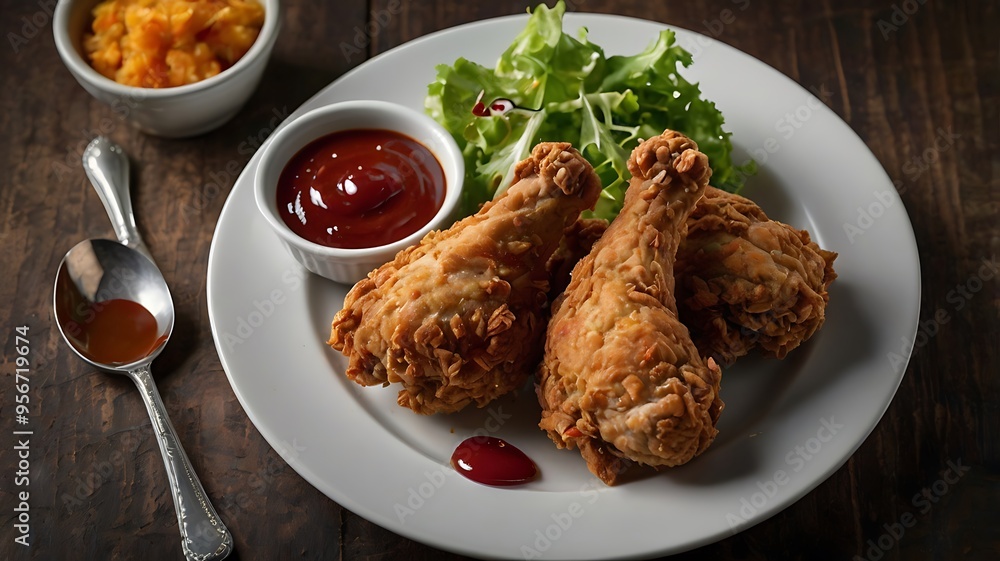 Delicious crispy fried Chicken drumsticks, wings surrounded by dipping sauces, lemon wedges, and fresh parsley Delicious crispy fried Chicken drumsticks, wings surrounded by dipping sauces, lemon wedges, and fresh parsley