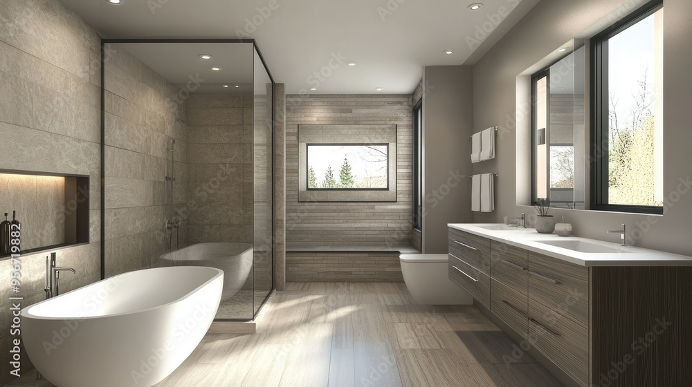 Contemporary bathroom with a spacious layout, featuring a freestanding tub, a walk-in shower, and a sleek, wall-mounted vanity with modern fixtures Contemporary bathroom with a spacious layout, featuring a freestanding tub, a walk-in shower, and a sleek, wall-mounted vanity with modern fixtures