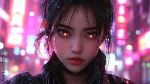 neotokyo street style androgynous model in sleek cyberpunk attire with glowing accents against a backdrop of towering holograms and neon signs photo