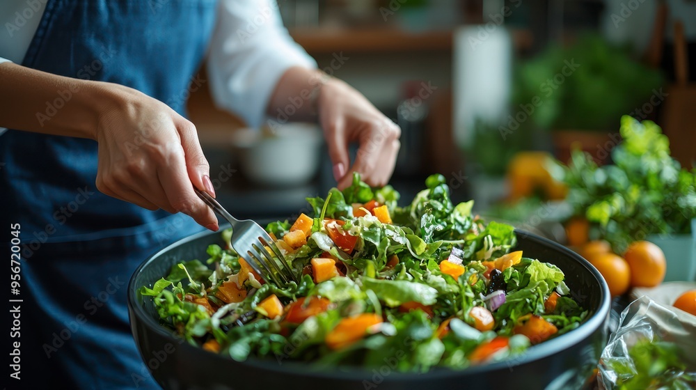 Fresh salad being prepared with vegetables in a bright kitchen Fresh salad being prepared with vegetables in a bright kitchen