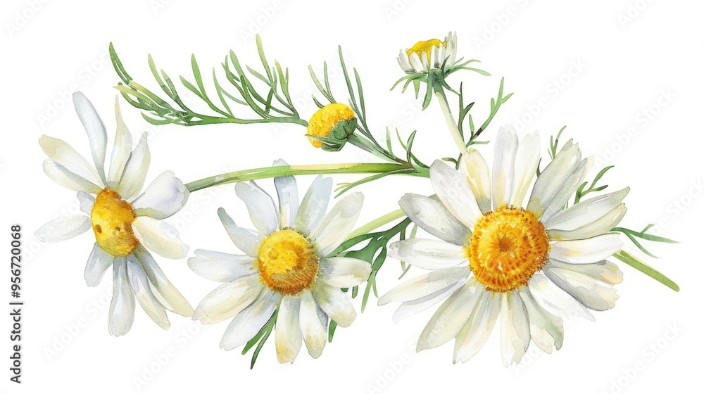 Obraz premium Botanical Chamomile Illustration. Hand-Painted Watercolor Drawing of Aromatic Herbal Flower on White Background