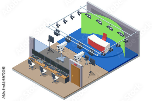 Isometric TV studio. NEWS studio with light equipment ready for recordind release.