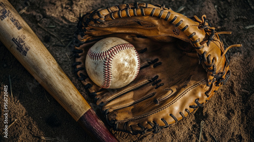 Baseball, baseball glove, baseball bat photo