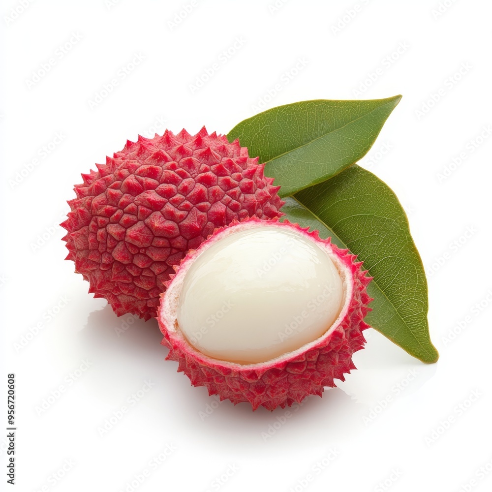 Fresh lychee fruit with green leaves on a clean white background showcasing its unique texture Fresh lychee fruit with green leaves on a clean white background showcasing its unique texture