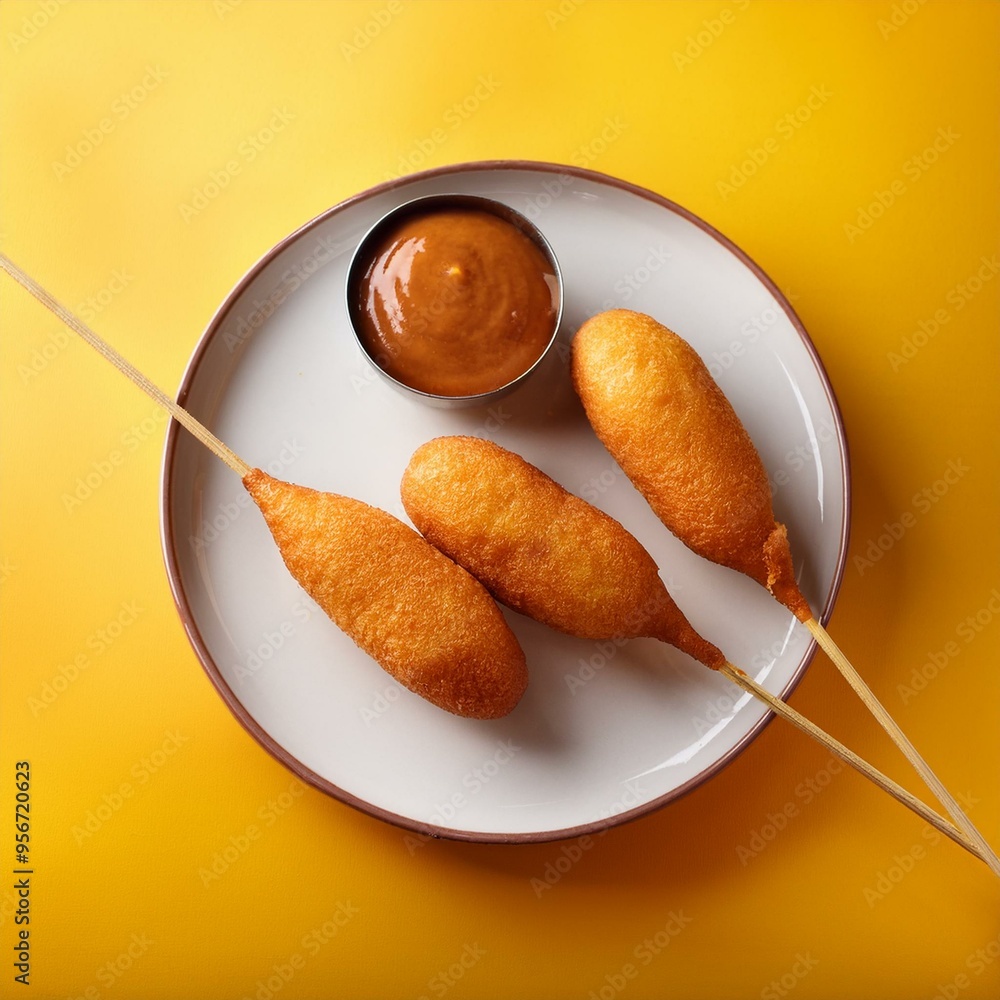 Corndog or corn dog is a american sausage baked in corn flour served with ketchup Corndog or corn dog is a american sausage baked in corn flour served with ketchup