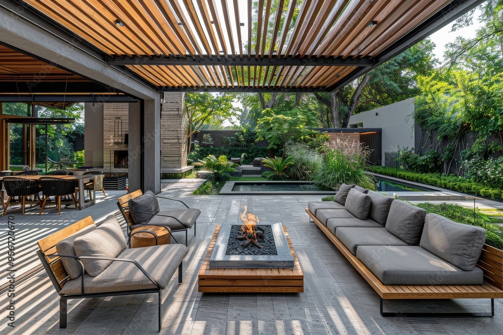 Sleek modern outdoor lounge with comfortable seating, elegant fire pit, lush greenery, and pool view through wooden slat shade, exuding relaxation and luxury. Sleek modern outdoor lounge with comfortable seating, elegant fire pit, lush greenery, and pool view through wooden slat shade, exuding relaxation and luxury.