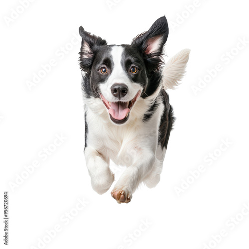 Happy black and white dog jumping with excitement, isolated on white background. Energetic, playful, and full of joy.