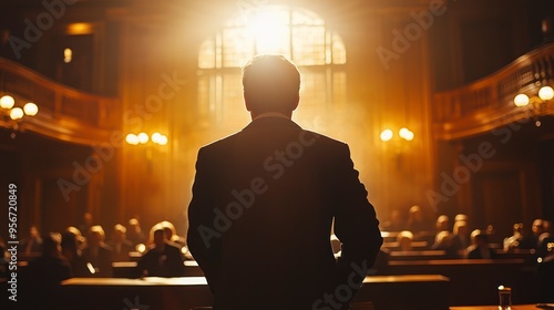 Silhouette of a man standing in a courtroom with sunlight streaming in